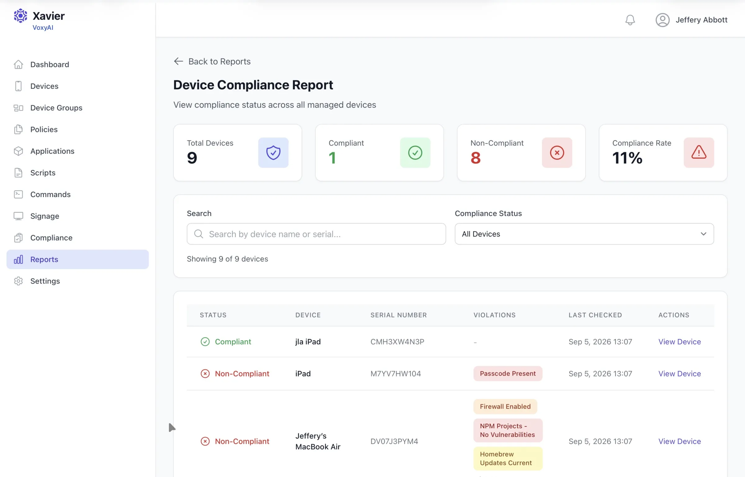 Xavier device compliance report showing compliant and non-compliant devices with the policy violations each one has