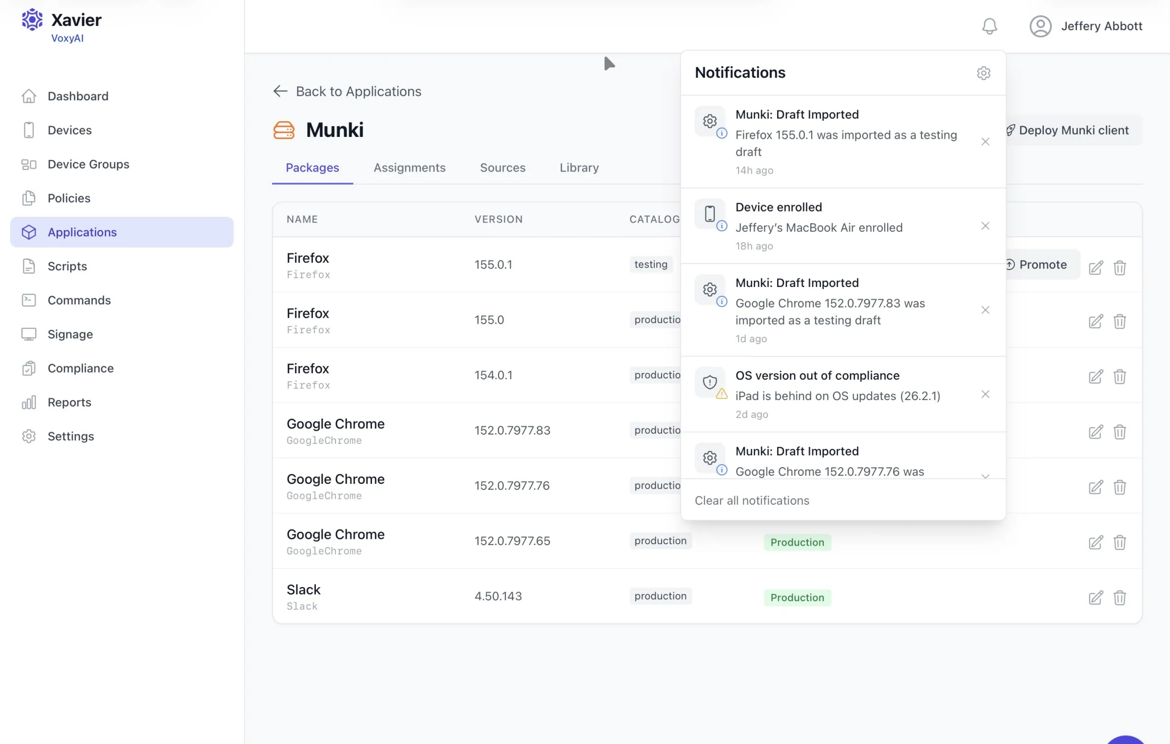 Xavier Munki package list with testing and production catalogs, a promote action, and notifications reporting new versions imported as testing drafts