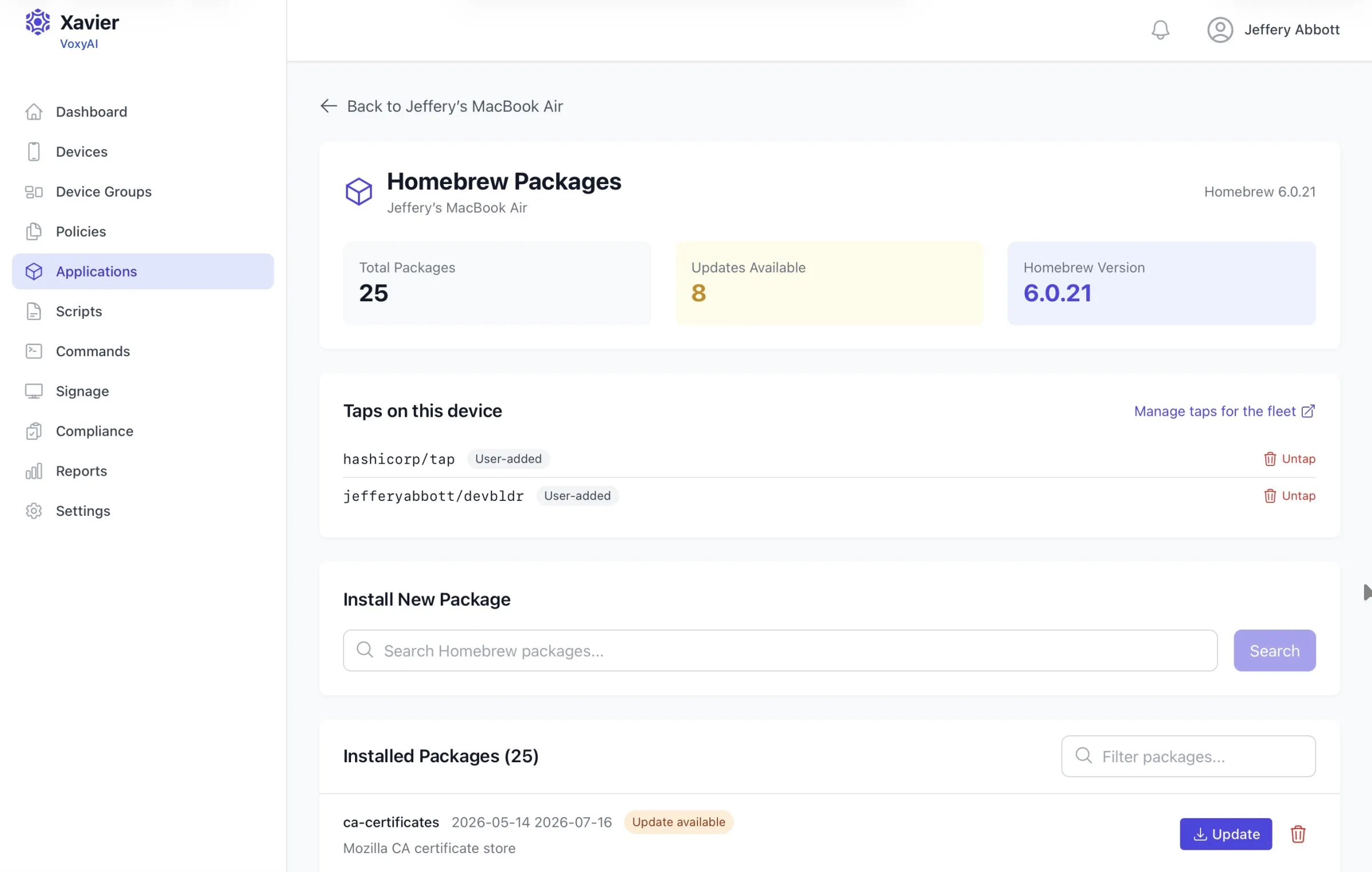 Xavier managing Homebrew packages on a Mac, with installed packages, available updates, and fleet-wide taps
